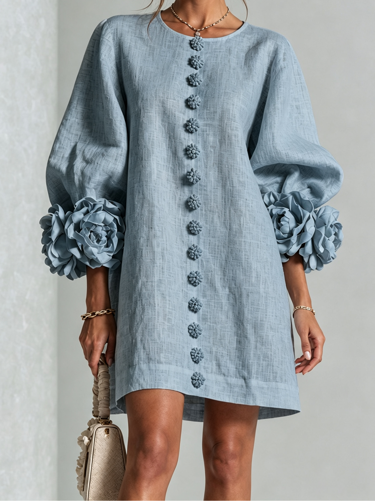 Round Neck Floral Applique Sleeve Button Front Linen Look Mini Dress 39