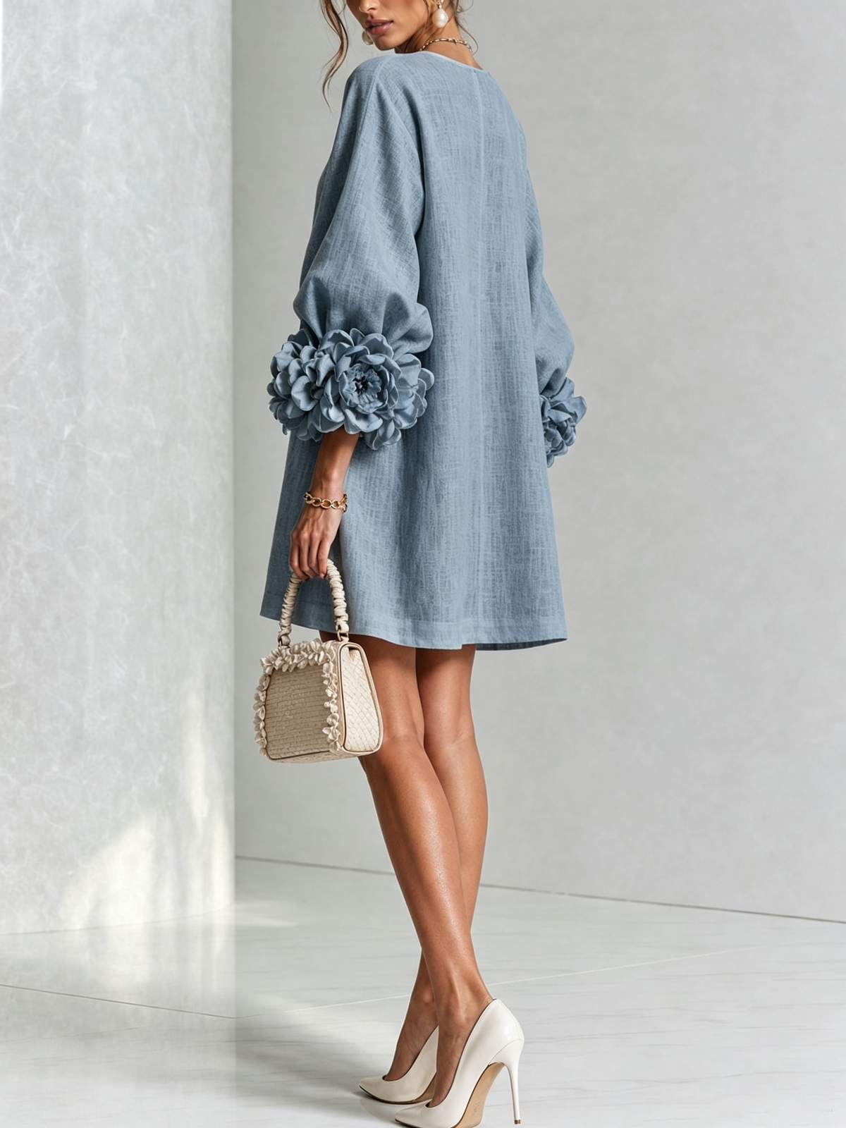 Tweed Button Front 3D Floral Balloon Sleeve Mini Dress 43