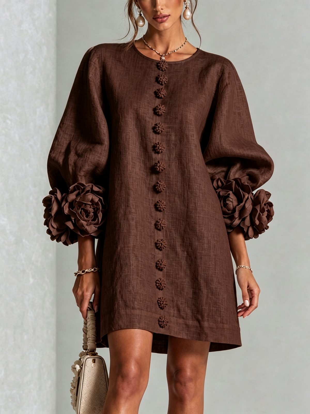 Tweed Button Front 3D Floral Balloon Sleeve Mini Dress 29