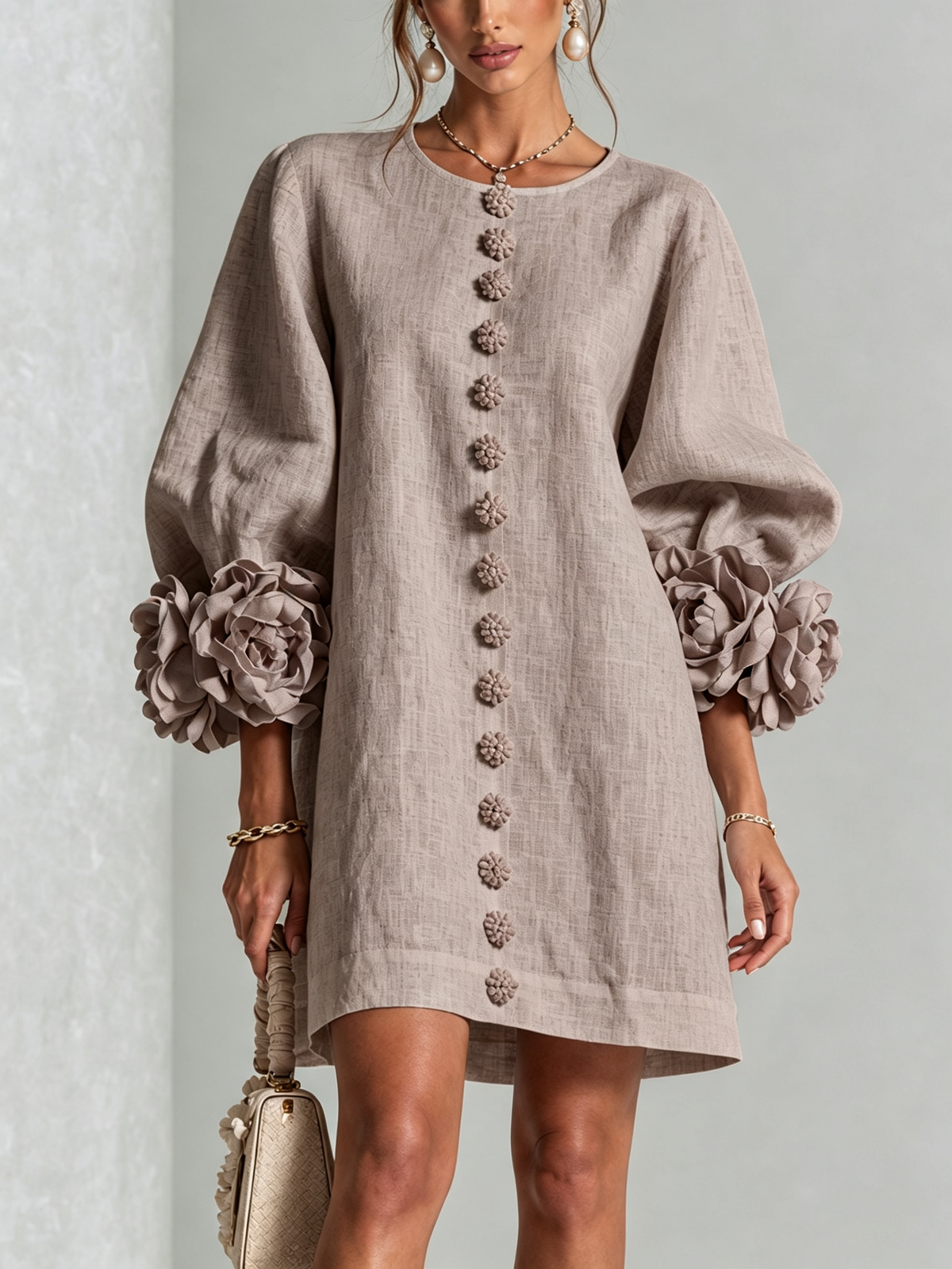 Floral Applique Puff Sleeve Button Front Linen Mini Dress 39