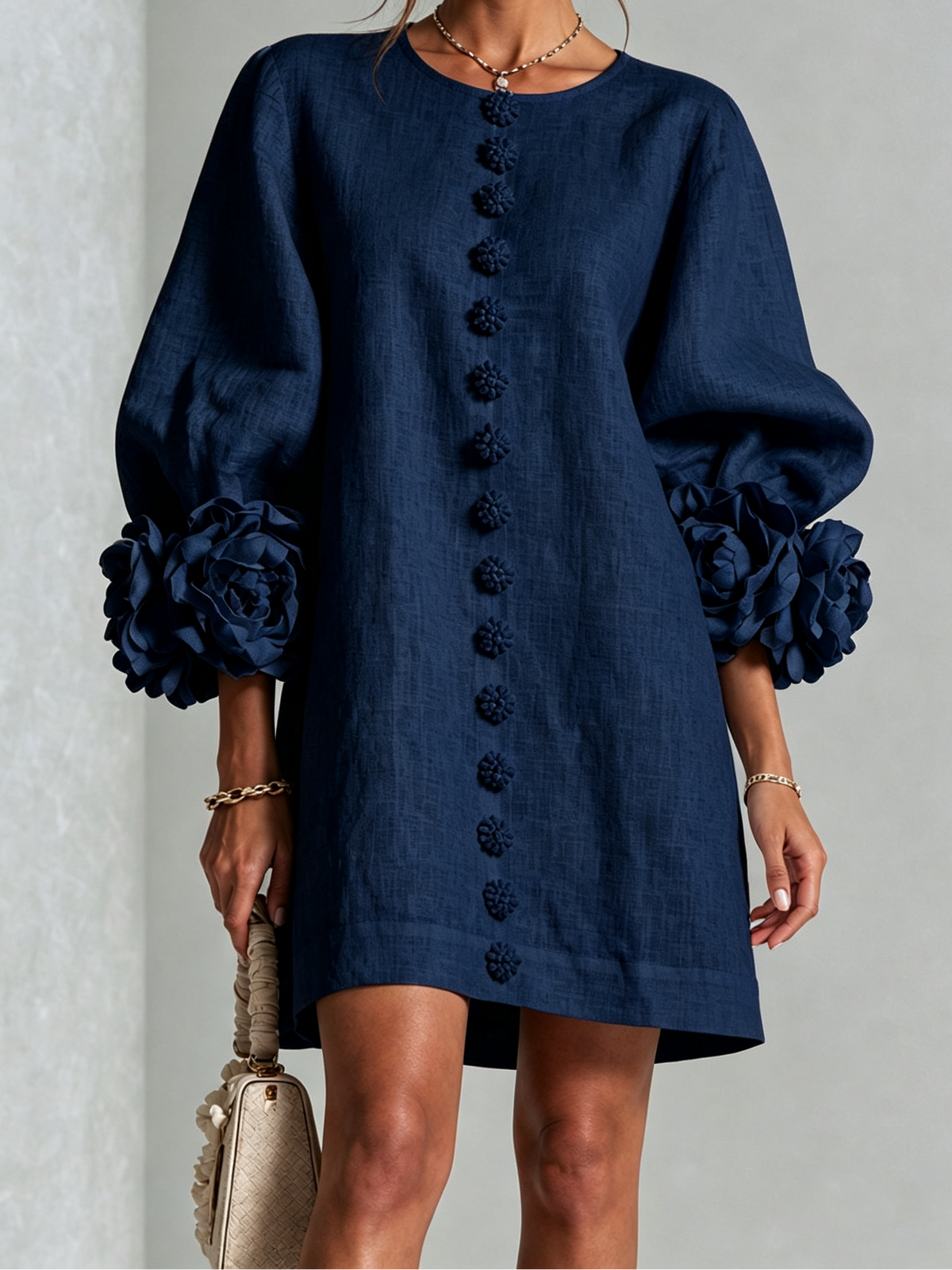 Round Neck Floral Applique Sleeve Button Front Linen Look Mini Dress 11