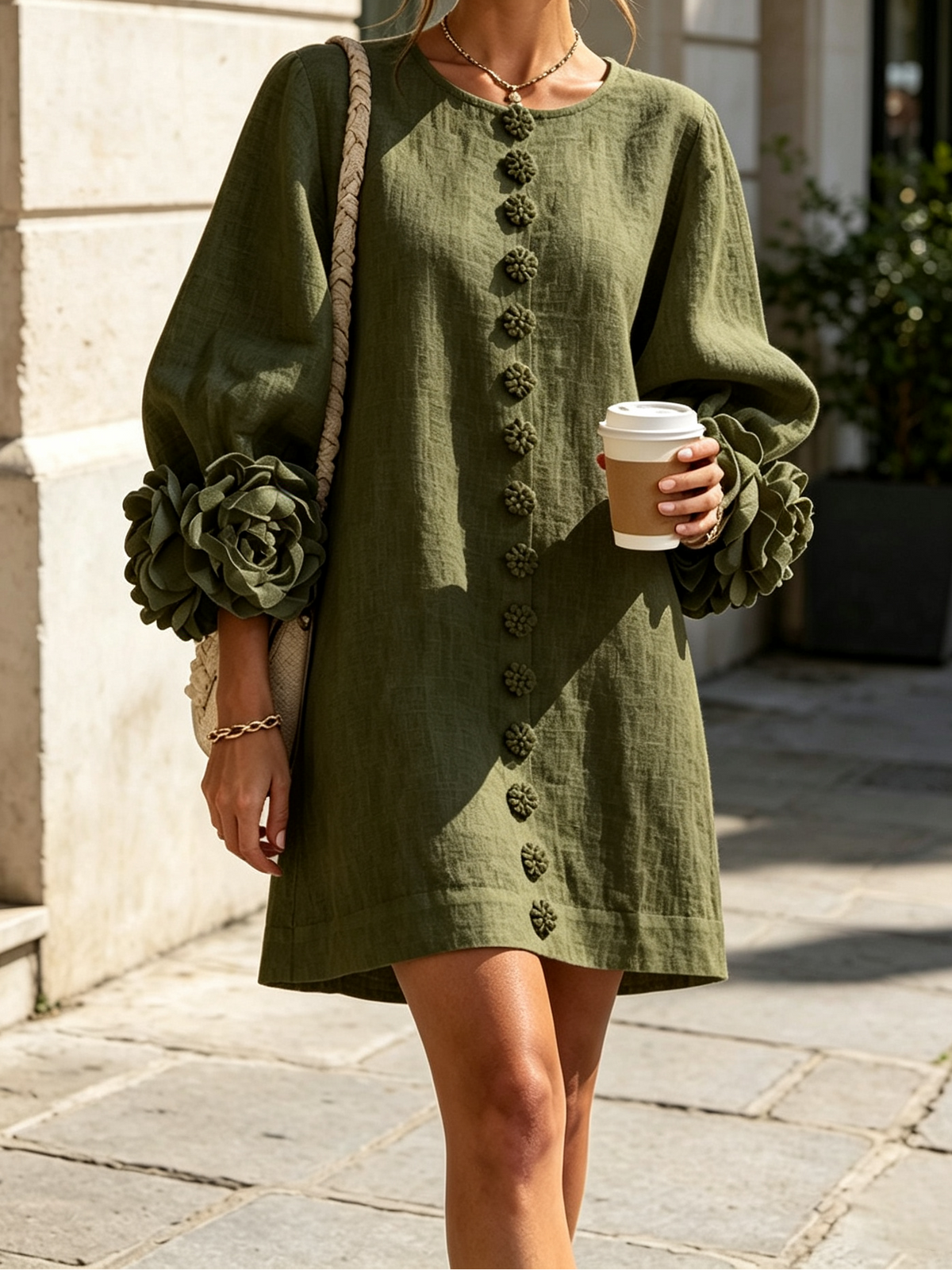 Round Neck Floral Applique Sleeve Button Front Linen Look Mini Dress 10