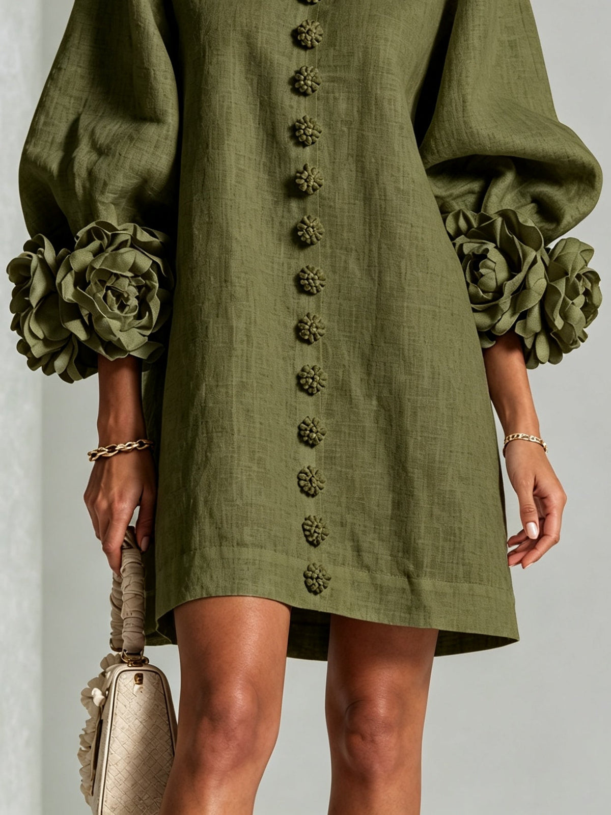 Round Neck Button Front 3D Floral Balloon Sleeve Mini Dress 6