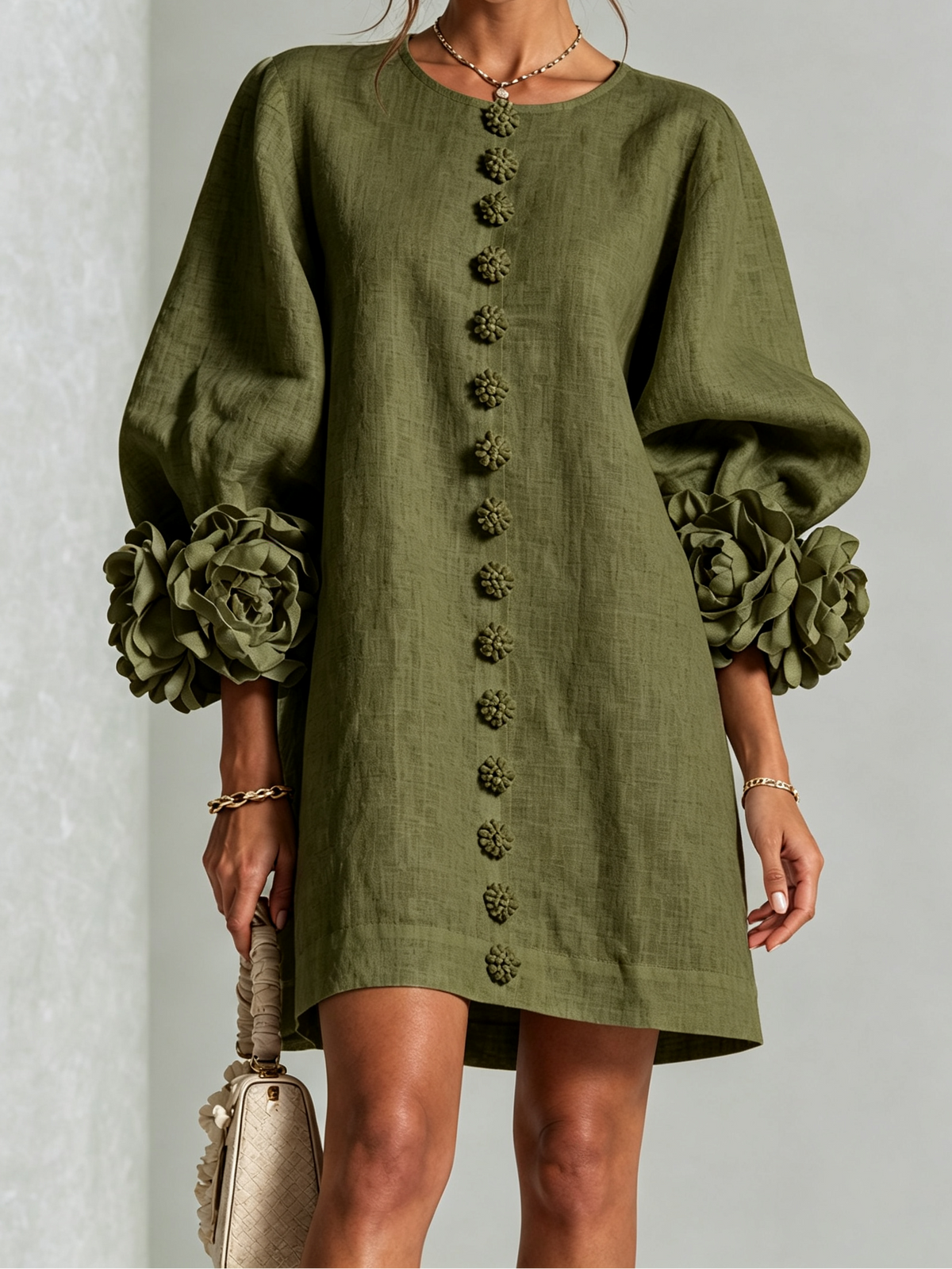 Round Neck Floral Applique Sleeve Button Front Linen Look Mini Dress 7