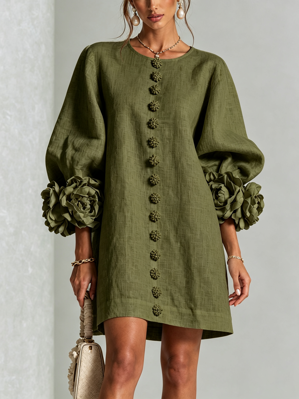 Tweed Button Front 3D Floral Balloon Sleeve Mini Dress 9