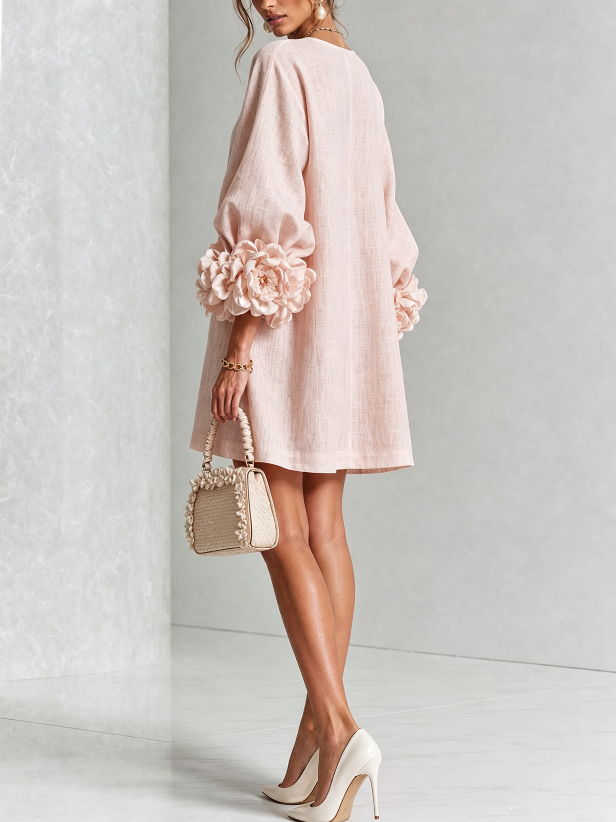 Tweed Button Front 3D Floral Balloon Sleeve Mini Dress 23