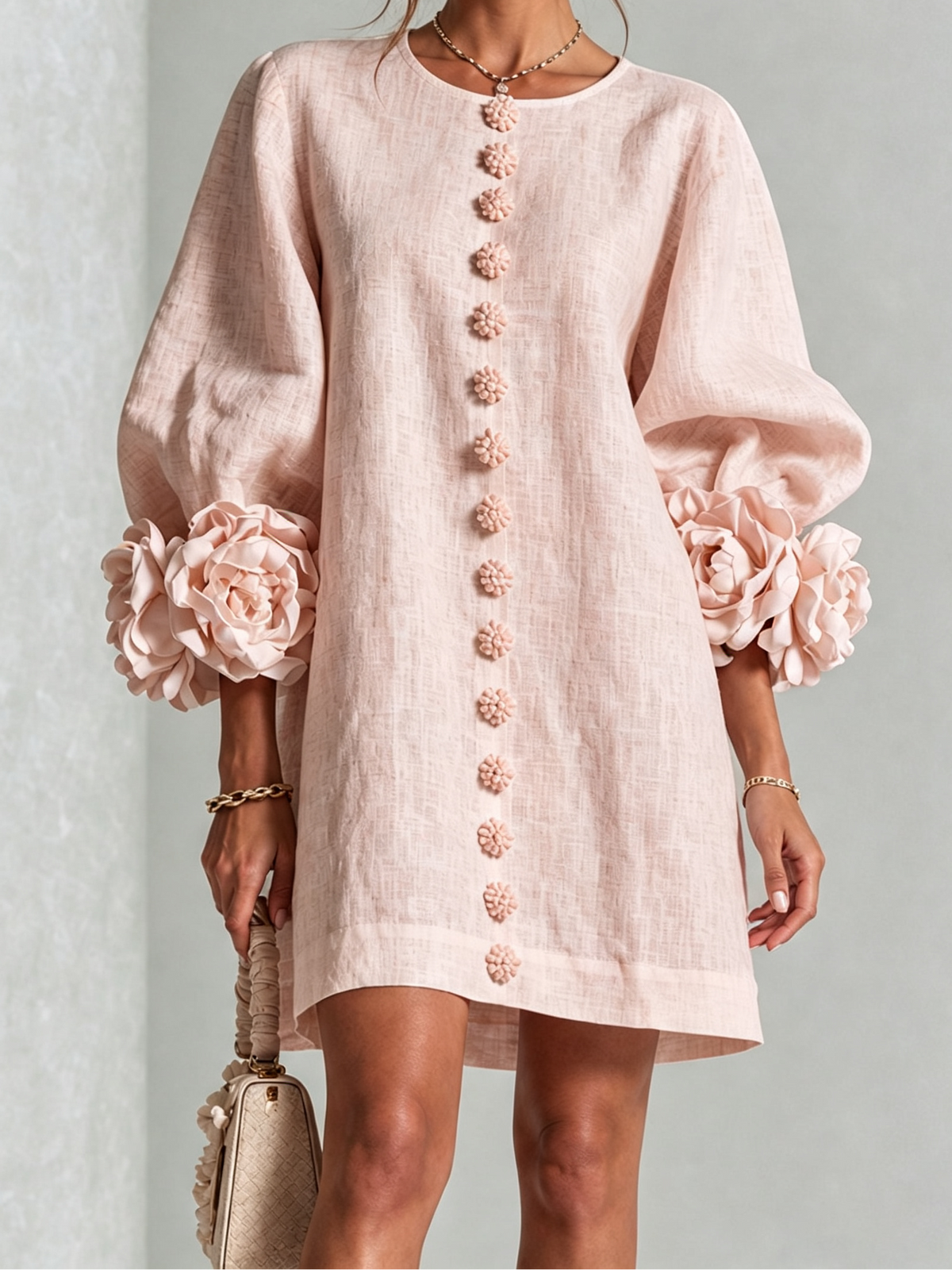 Round Neck Floral Applique Sleeve Button Front Linen Look Mini Dress 19