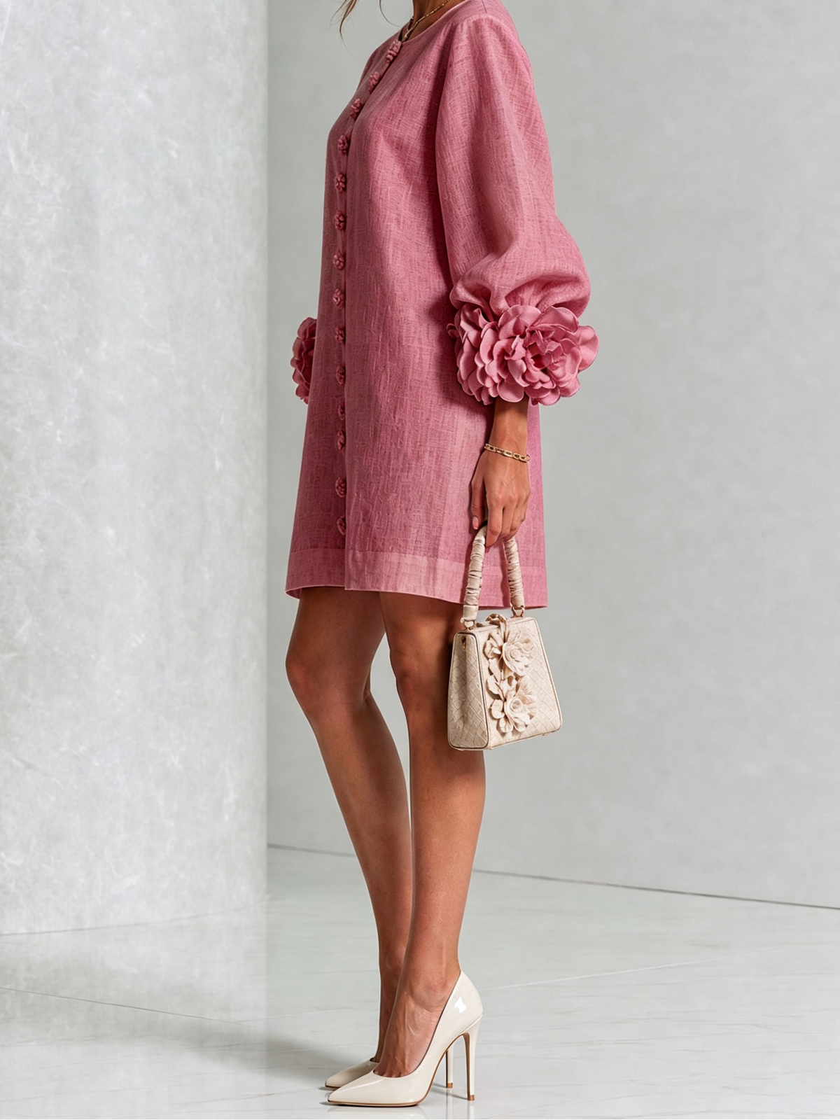 Round Neck Floral Applique Sleeve Button Front Linen Look Mini Dress 44