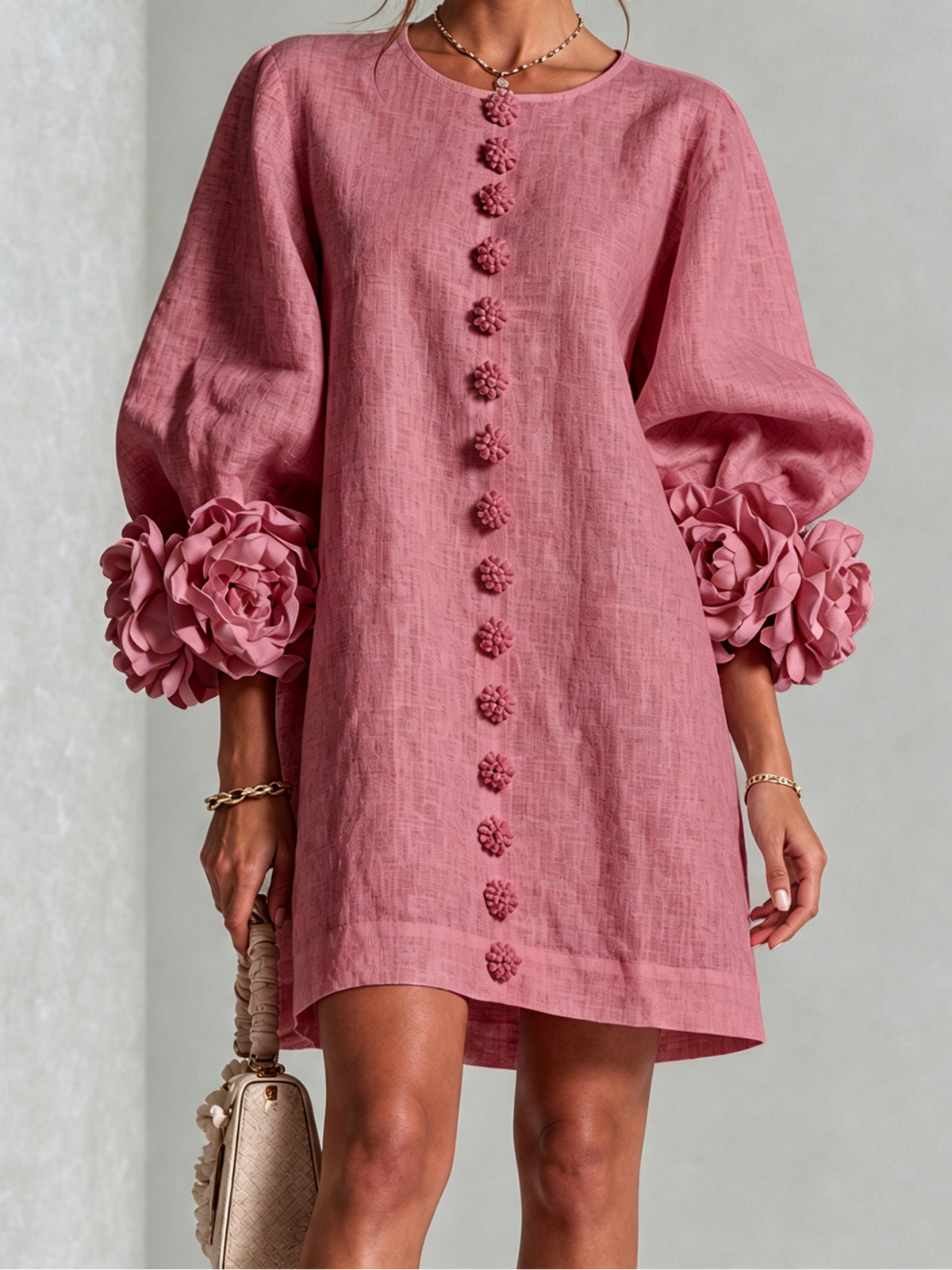 Round Neck Floral Applique Sleeve Button Front Linen Look Mini Dress 43