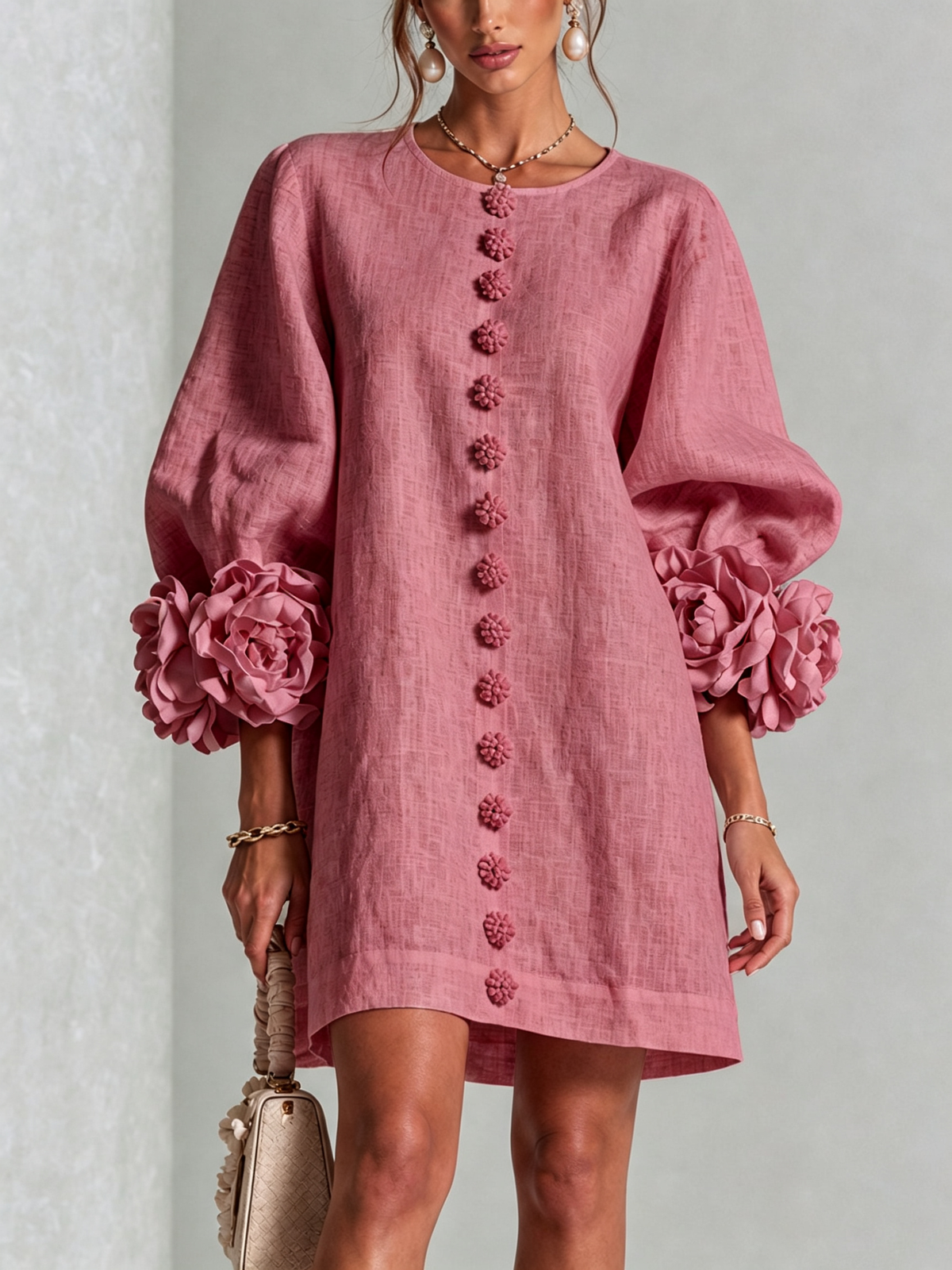Tweed Button Front 3D Floral Balloon Sleeve Mini Dress 45
