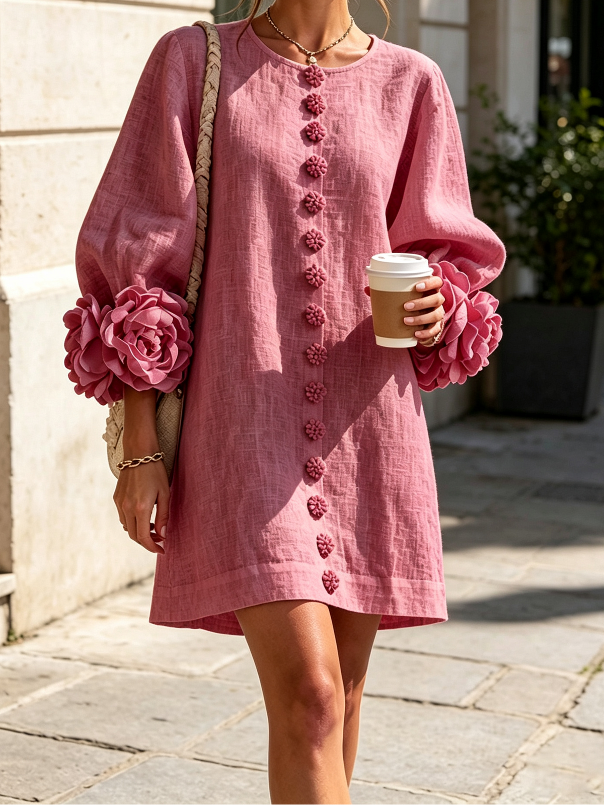 Round Neck Floral Applique Sleeve Button Front Linen Look Mini Dress 46
