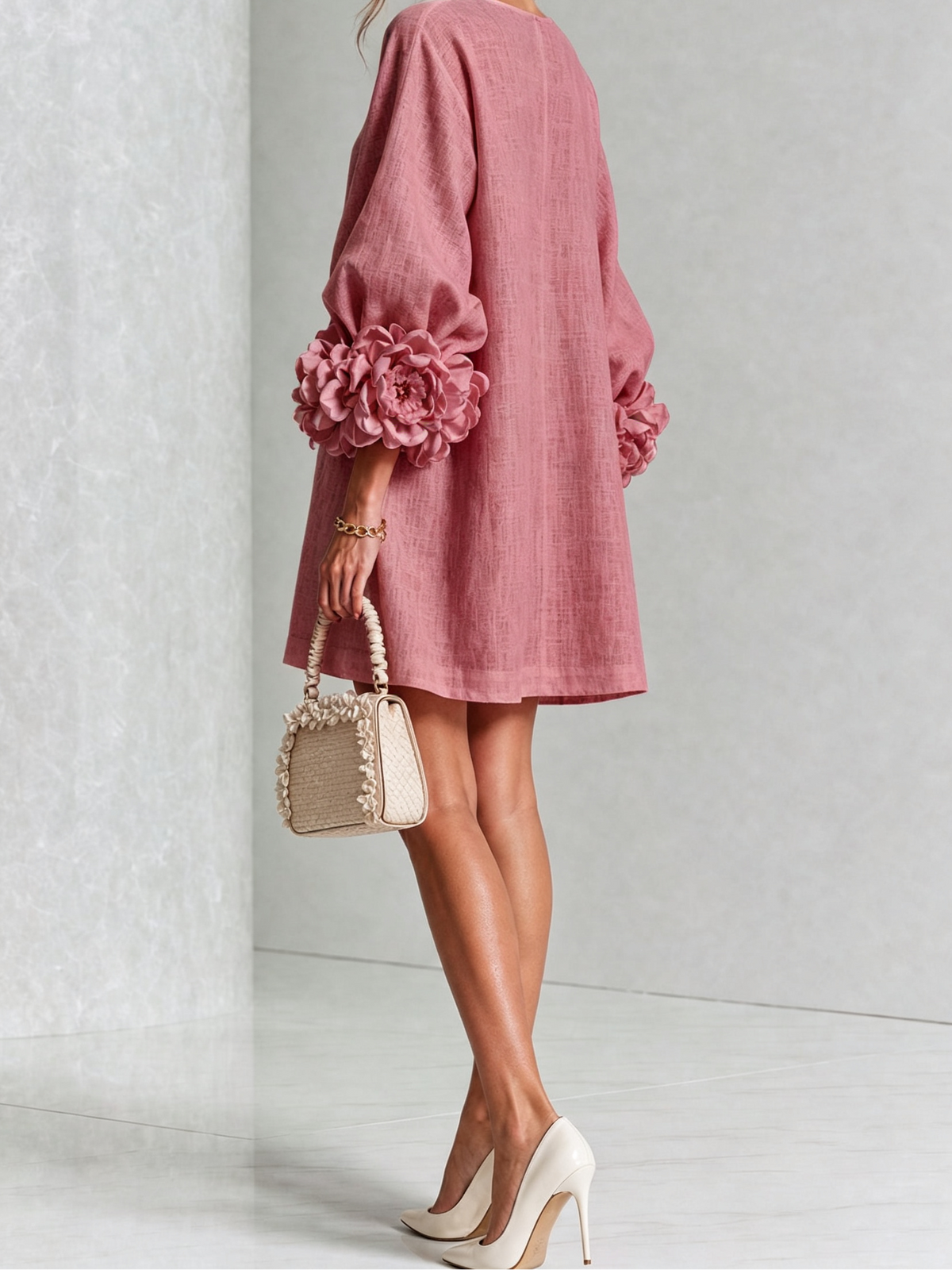 Round Neck Floral Applique Sleeve Button Front Linen Look Mini Dress 45