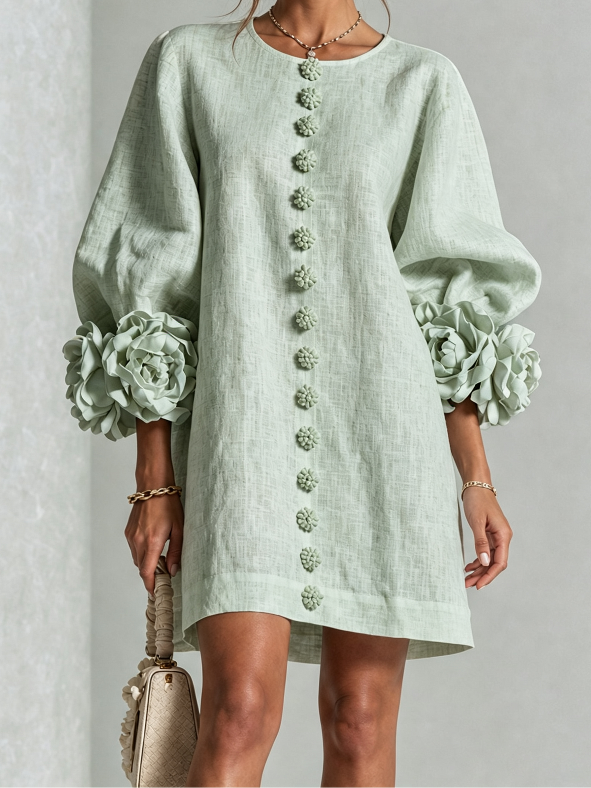 Round Neck Floral Applique Sleeve Button Front Linen Look Mini Dress 31
