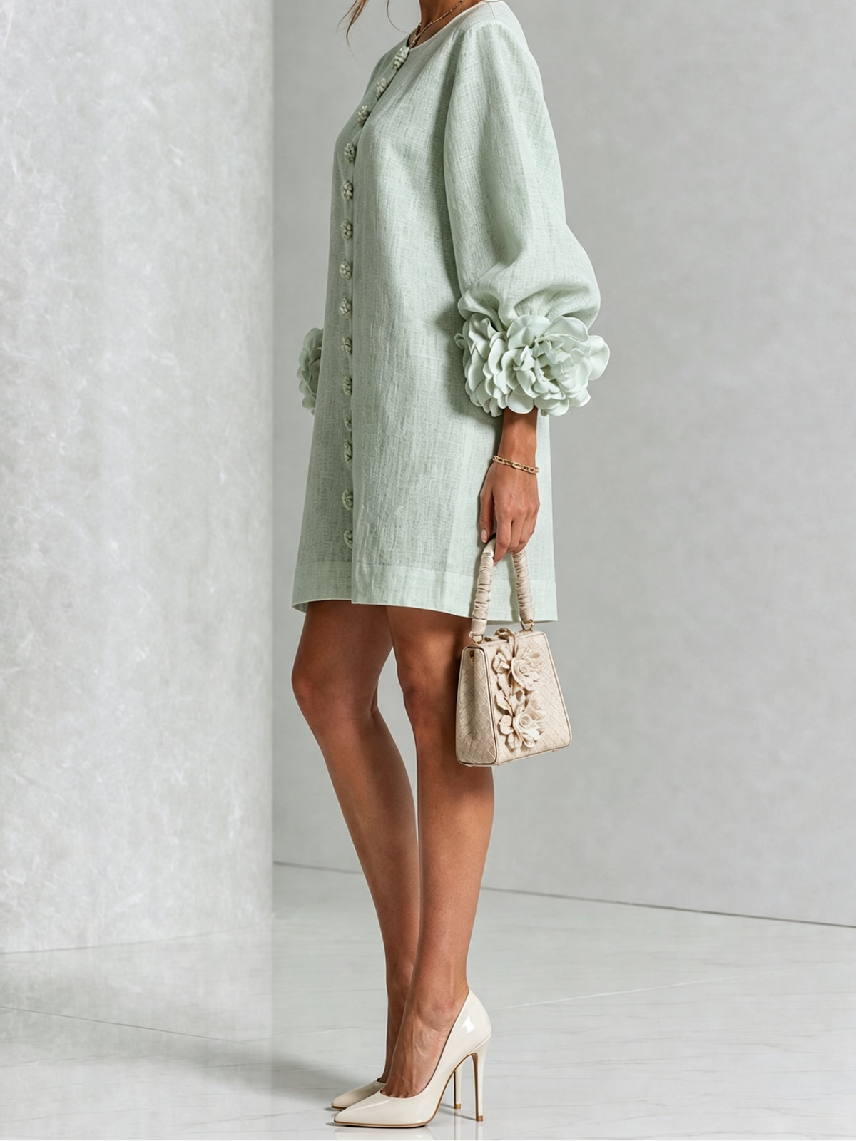 Round Neck Floral Applique Sleeve Button Front Linen Look Mini Dress 32