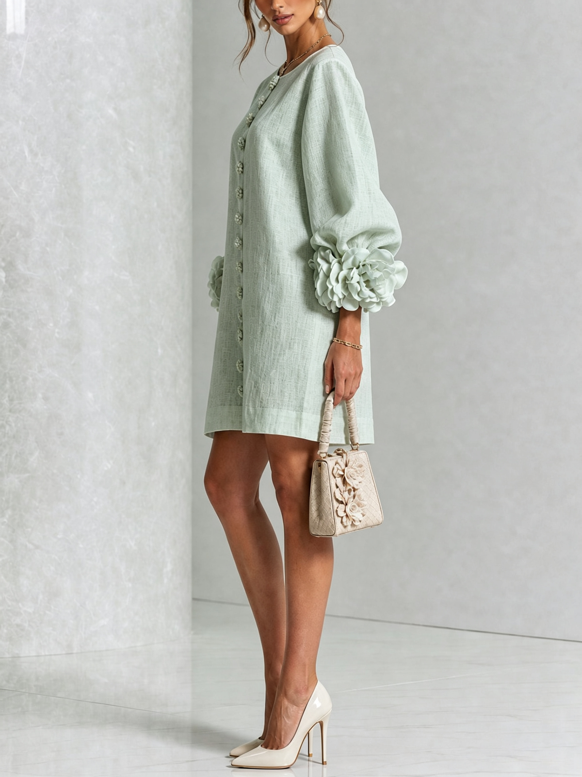 Tweed Button Front 3D Floral Balloon Sleeve Mini Dress 34