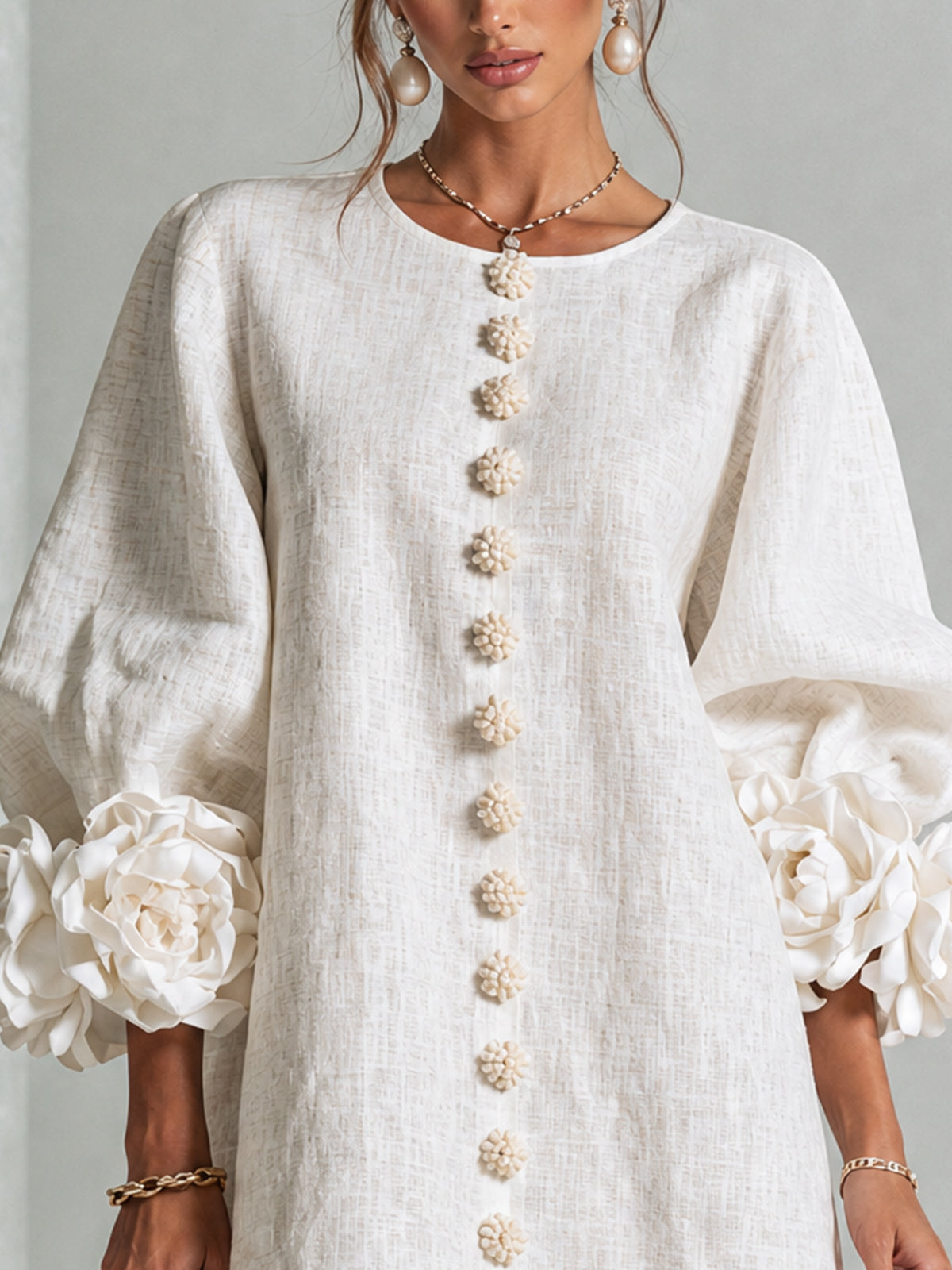 Tweed Button Front 3D Floral Balloon Sleeve Mini Dress 7
