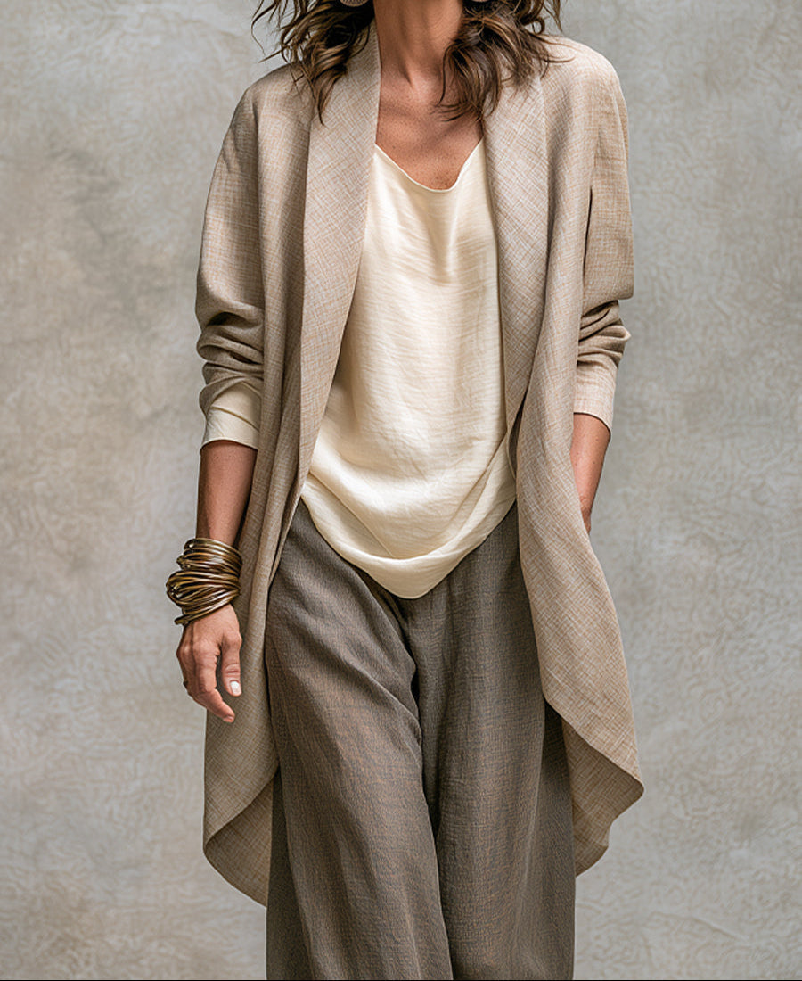 Draped Open Front Jacket Cami and Wide Leg Pants Three Piece Set 4