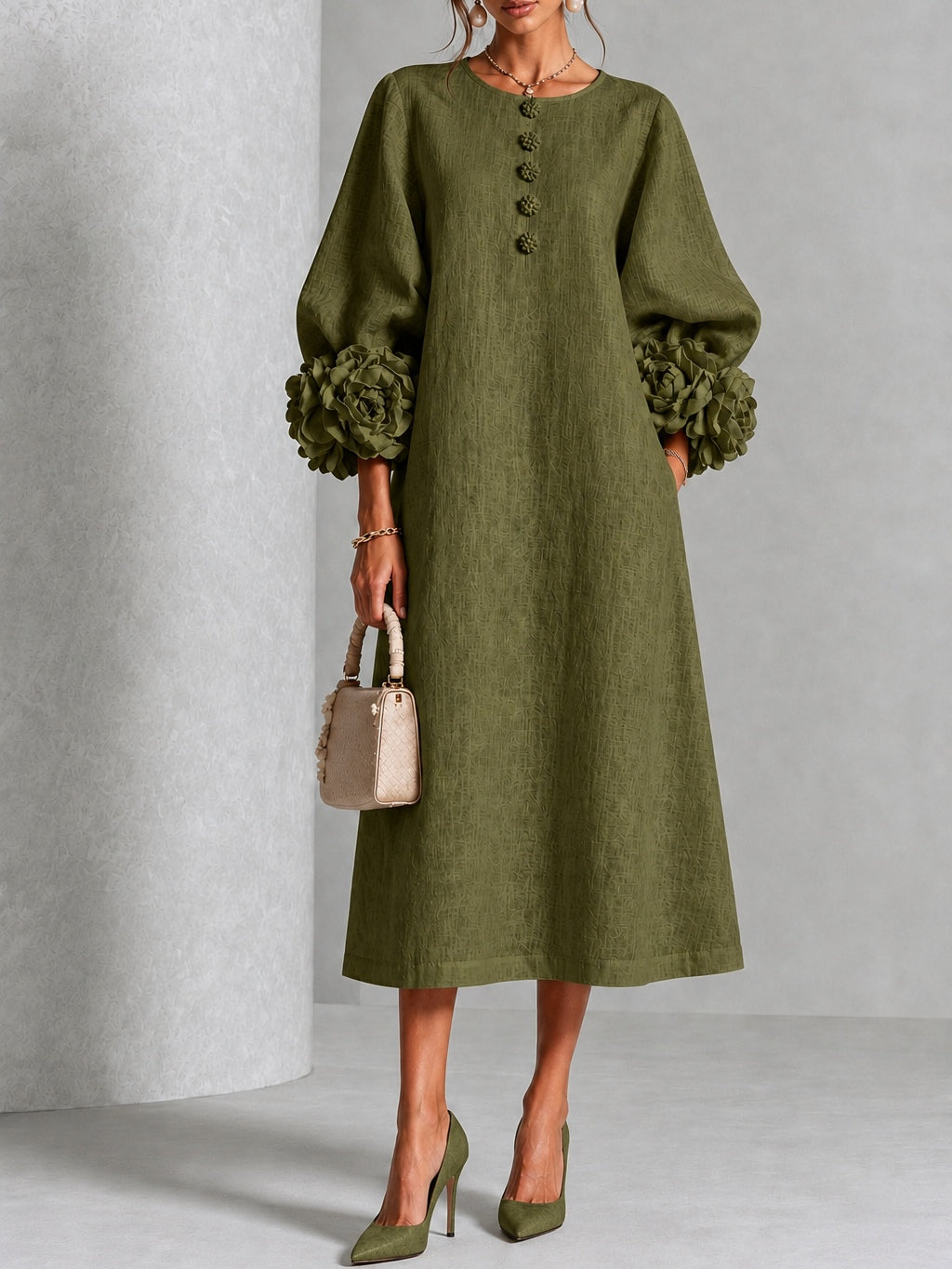Round Neck Long Sleeve Button Front Floral Cuff Maxi Dress