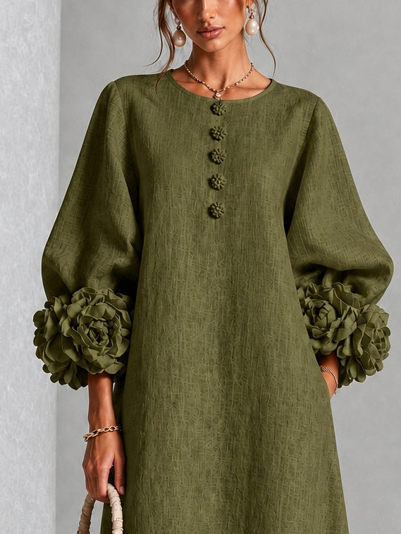 Round Neck Long Sleeve Button Front Floral Cuff Maxi Dress 4