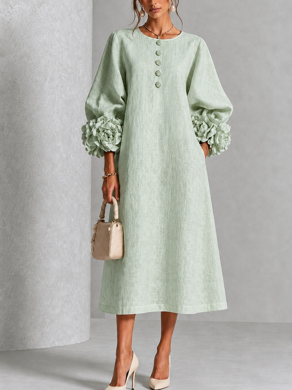 Round Neck Long Sleeve 3D Floral Cuff Button Front Maxi Dress