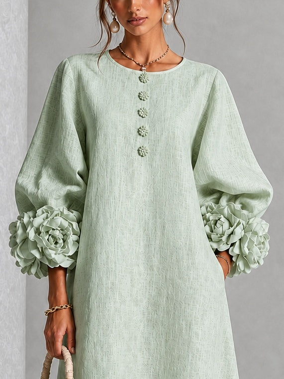 Round Neck Long Sleeve 3D Floral Cuff Button Front Maxi Dress 4