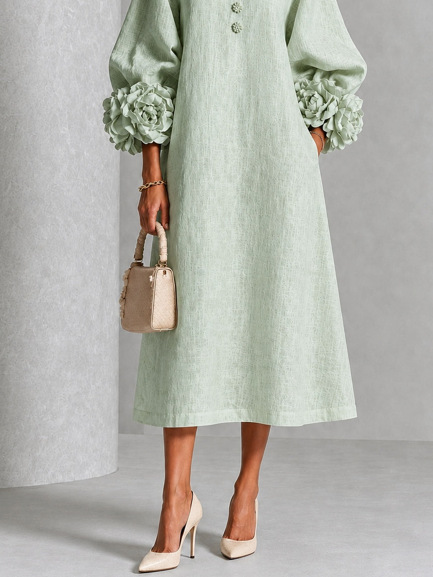 Round Neck Long Sleeve 3D Floral Cuff Button Front Maxi Dress 5