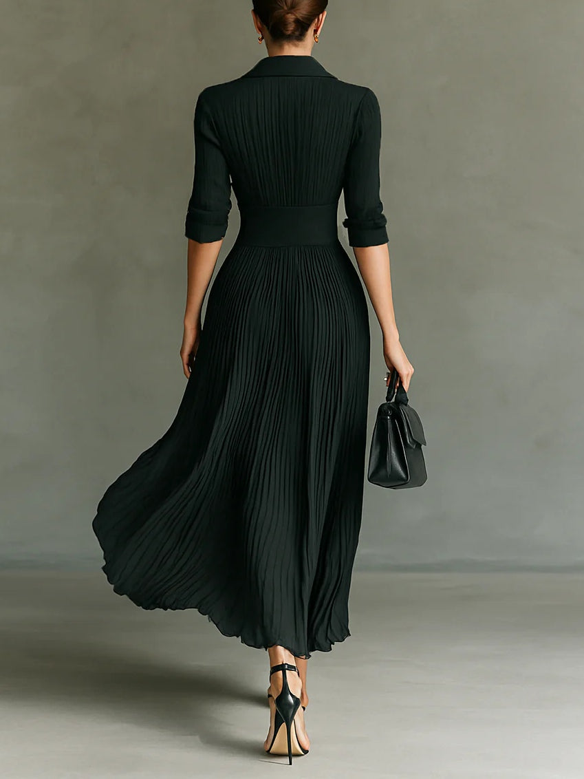 Pleated Collared Deep V-Neck Long Sleeve High Waist Maxi Dress 2