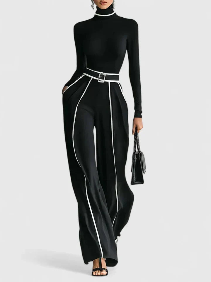 Turtleneck Long Sleeve Contrast Trim Wide Leg Jumpsuit 3