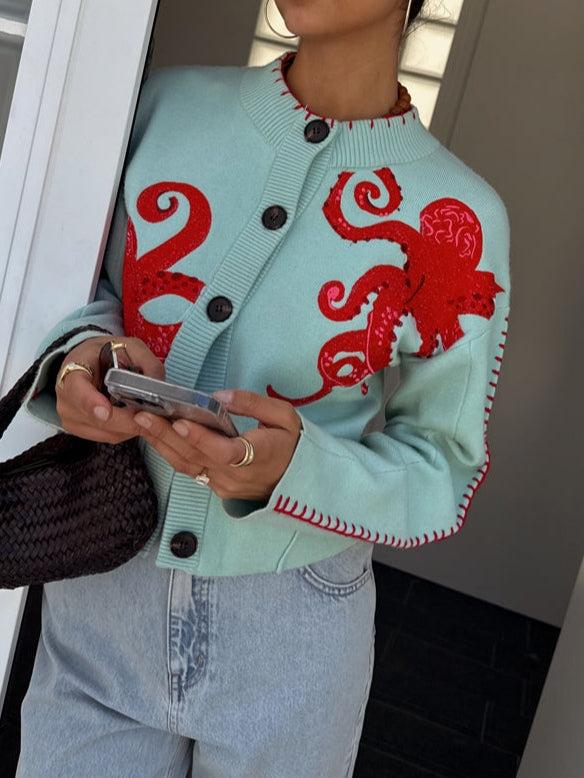 Octopus Embroidered Button Front Knit Cardigan 8