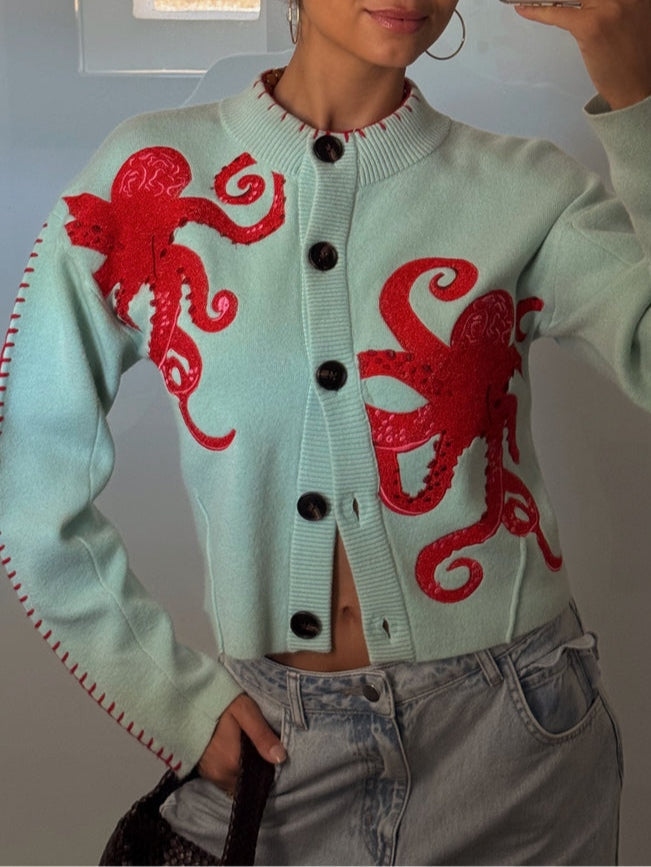 Octopus Embroidered Button Front Knit Cardigan 5