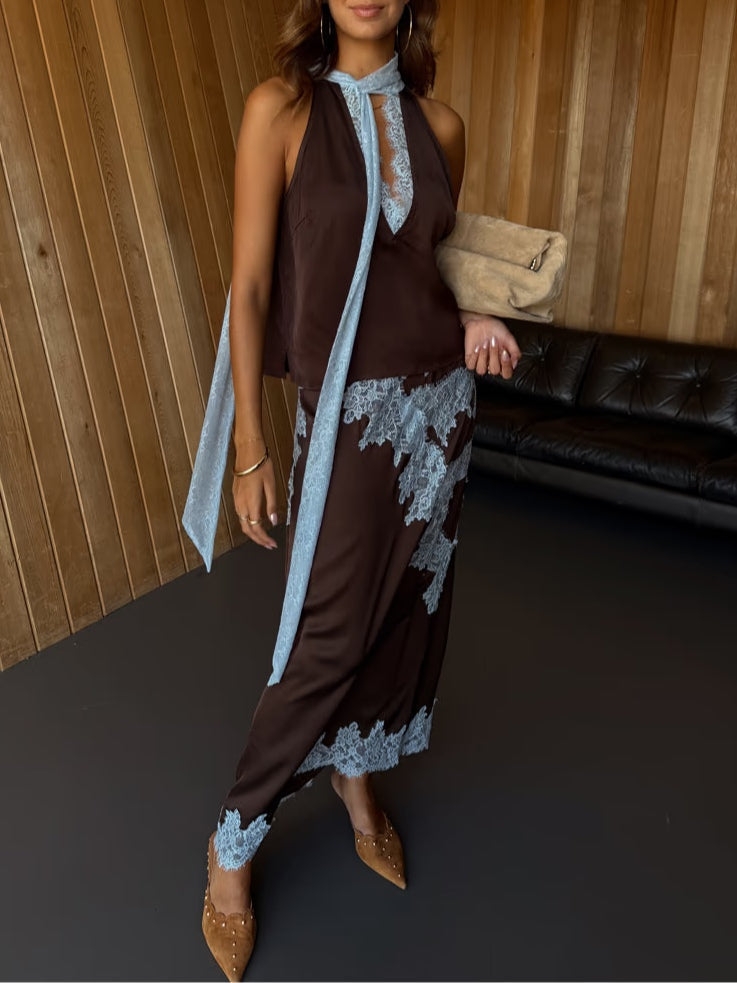 Halter Neck Lace Trim Tie Detail Satin Maxi Dress 6