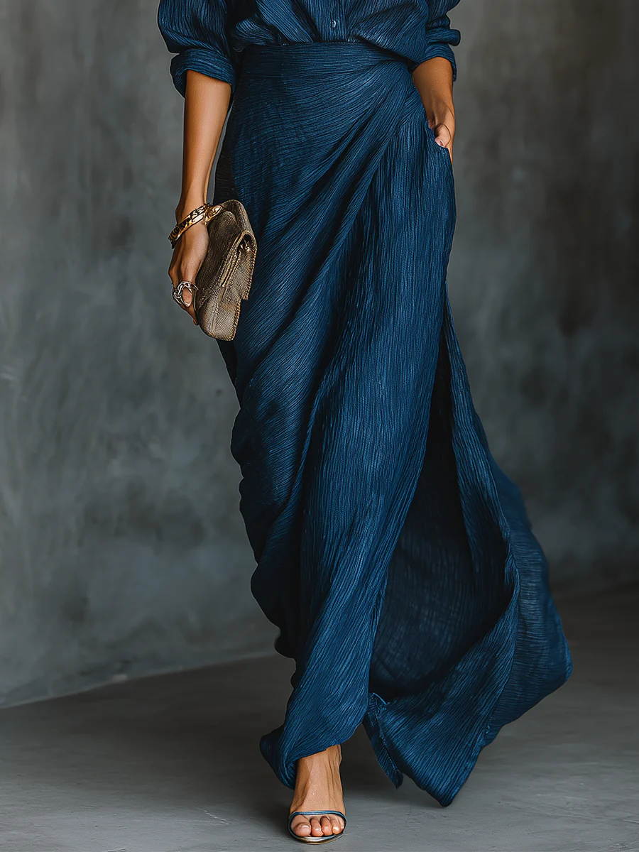 Long Sleeve Shirt and Wrap Maxi Skirt Two Piece Set 3