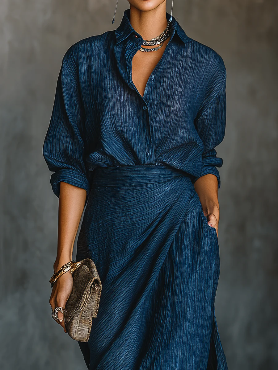 Long Sleeve Shirt and Wrap Maxi Skirt Two Piece Set 2