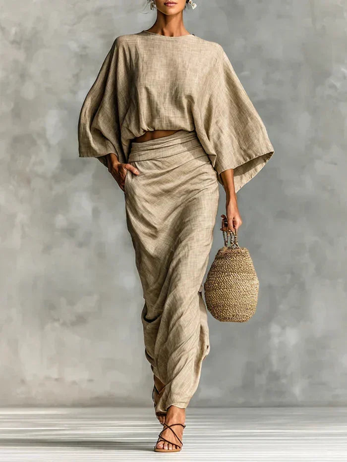 Batwing Sleeve Top and Ruched Maxi Skirt Two Piece Set