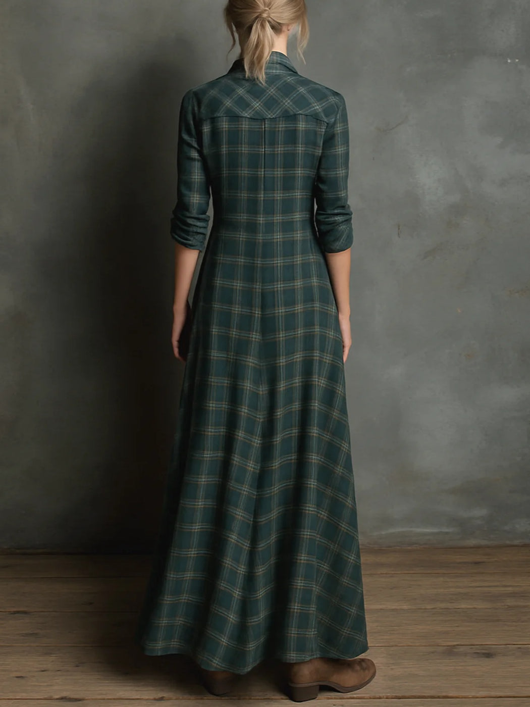 Plaid Button Front Collared Long Sleeve Shirt Maxi Dress 2