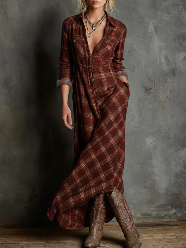 Plaid Collared Long Sleeve Button Front Maxi Shirt Dress 6