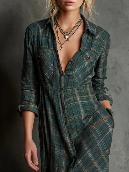 Plaid Collared Long Sleeve Button Front Maxi Shirt Dress 3