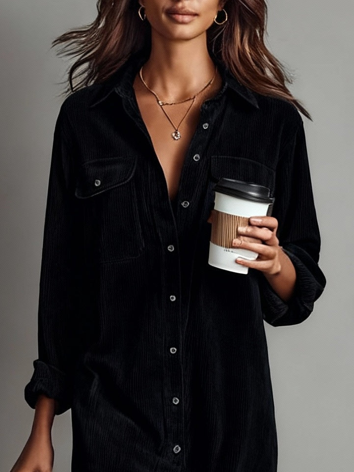 Corduroy Button Front Collared Long Sleeve Midi Shirt Dress 5