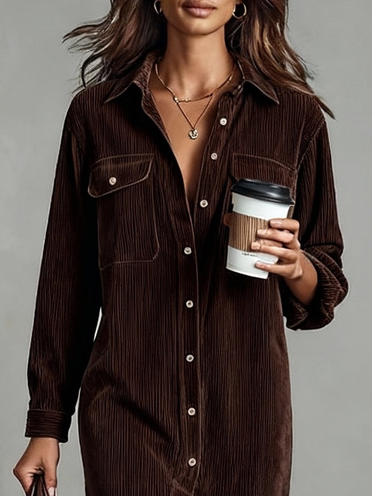 Corduroy Button Front Collared Long Sleeve Midi Shirt Dress 8