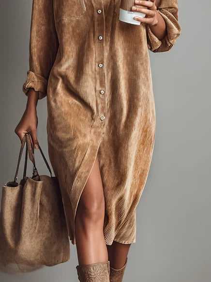 Corduroy Button Front Collared Long Sleeve Midi Shirt Dress 3