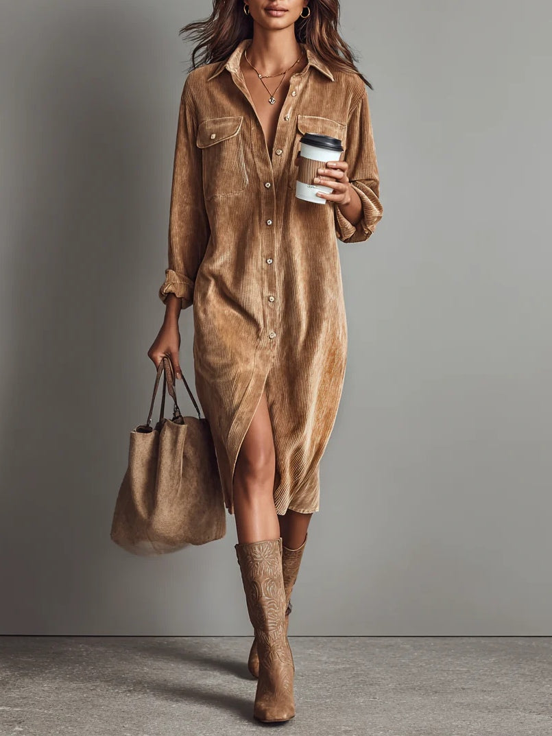 Corduroy Button Front Collared Long Sleeve Midi Shirt Dress