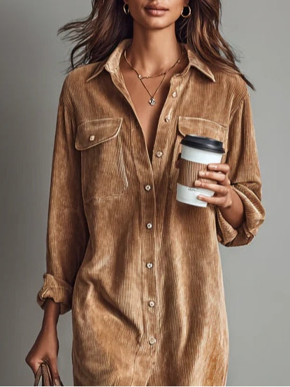 Corduroy Button Front Collared Long Sleeve Midi Shirt Dress 2