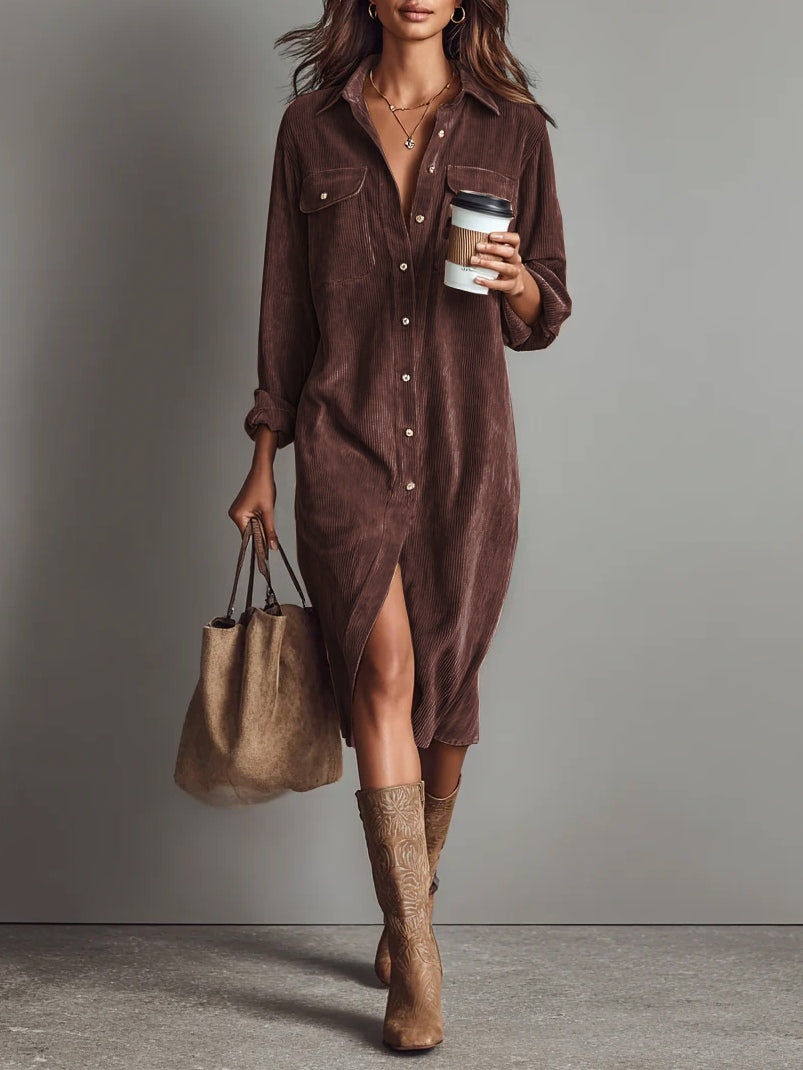 Corduroy Button Front Collared Long Sleeve Midi Shirt Dress 11