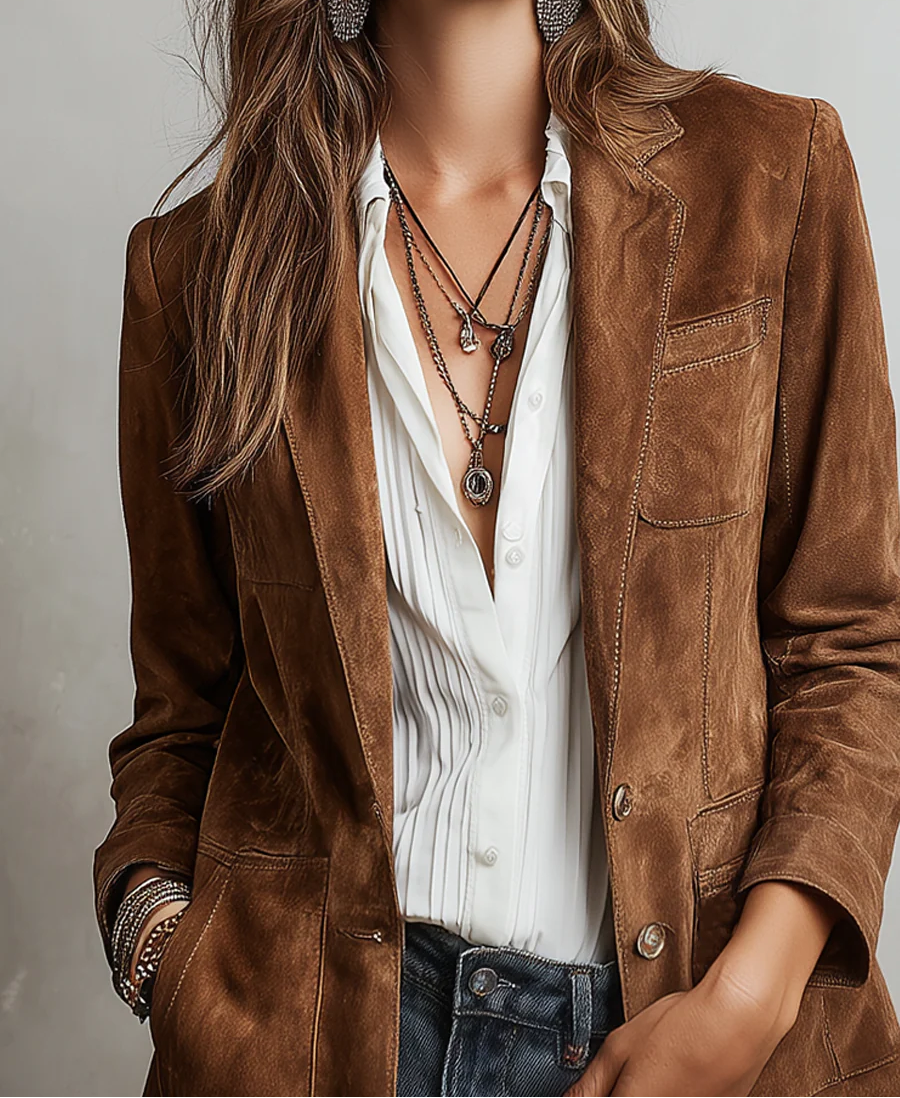 Notch Lapel Suede Look Button Front Blazer 3