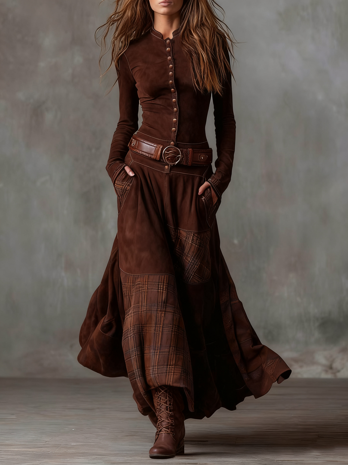 Button Front Plaid Panel Belted Maxi Dress 7