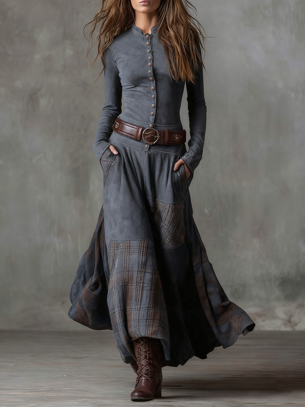 Button Front Plaid Panel Belted Maxi Dress 9