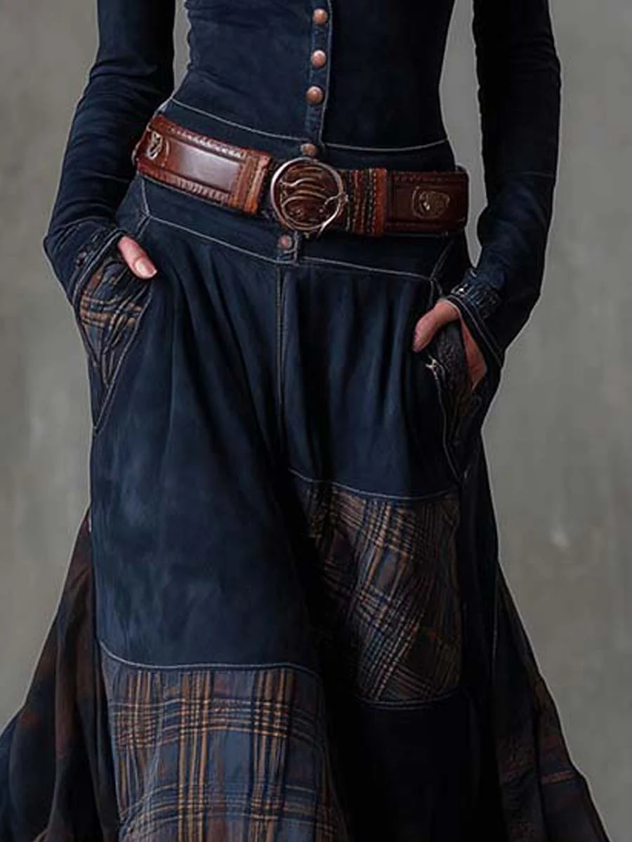 Button Front Plaid Panel Belted Maxi Dress 4