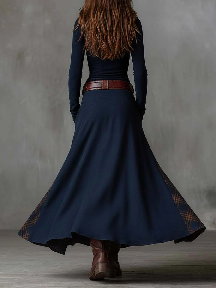 Button Front Plaid Panel Belted Maxi Dress 6