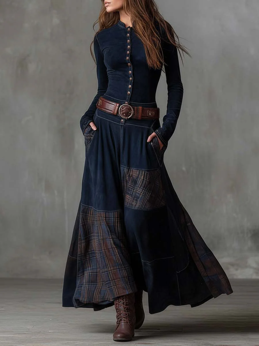 Button Front Plaid Panel Belted Maxi Dress 2