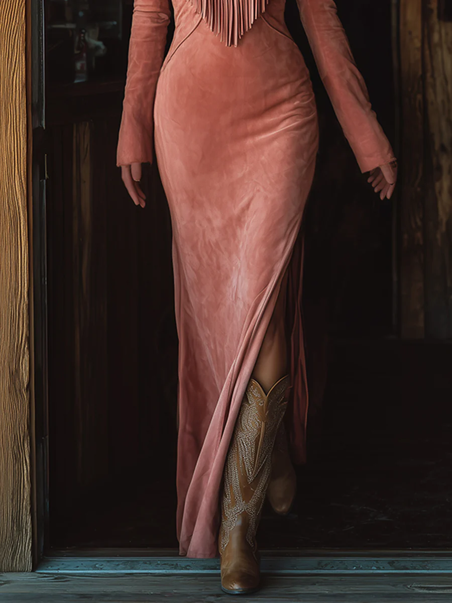 Western Fringe Embroidered Yoke Collared Long Sleeve Suede Look Maxi Dress 4